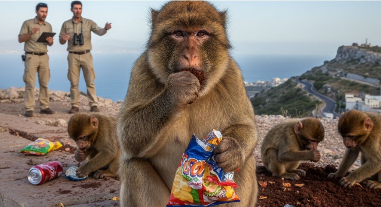 Macacos em Gibraltar comem terra para combater junk food de turistas e o comportamento alerta cientistas