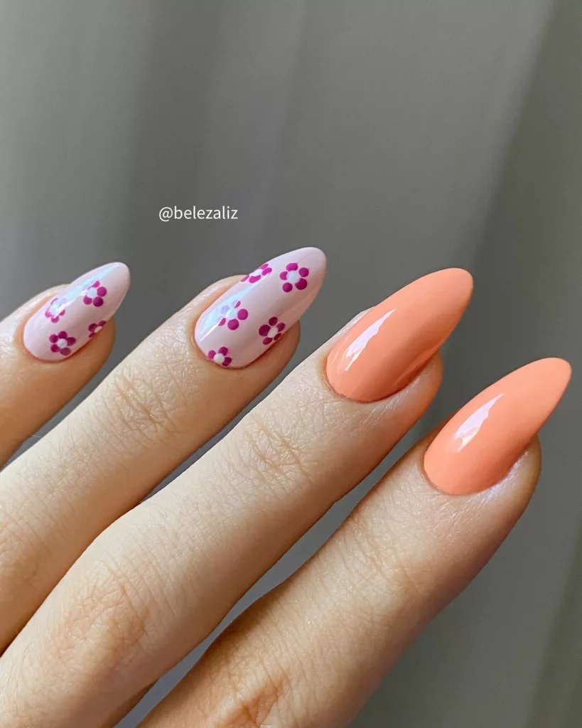 Unhas Bonitas na Primavera - unhas laranja com rosa e flores