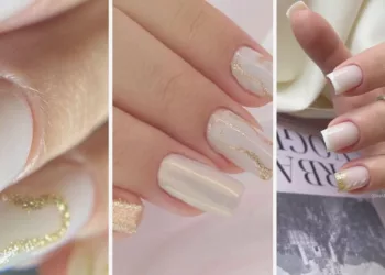 Unhas decoradas simples branco com dourado