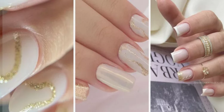 Unhas decoradas simples branco com dourado