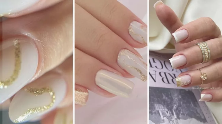 Unhas decoradas simples branco com dourado