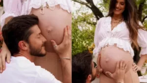 Chá de bebê de Camila Queiroz tem buquês, bolo especial e muita emoção