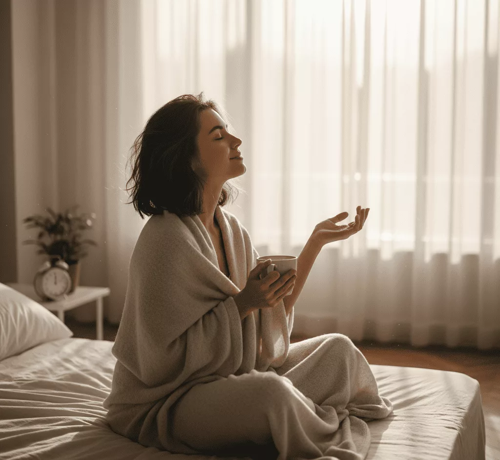 mulher acordando - 7 hábitos diurnos fáceis de adotar para ter mais bem-estar ao longo do dia