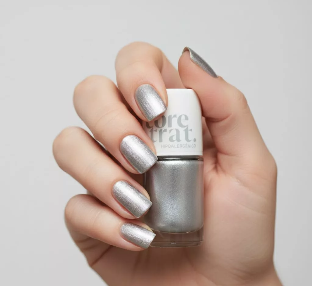 Unhas curtas pintadas com esmalte prata metalizado de efeito espelhado, segurando frasco do Coretrat Metálico Blant Prata, trazendo um visual moderno, elegante e perfeito para festas de fim de ano.