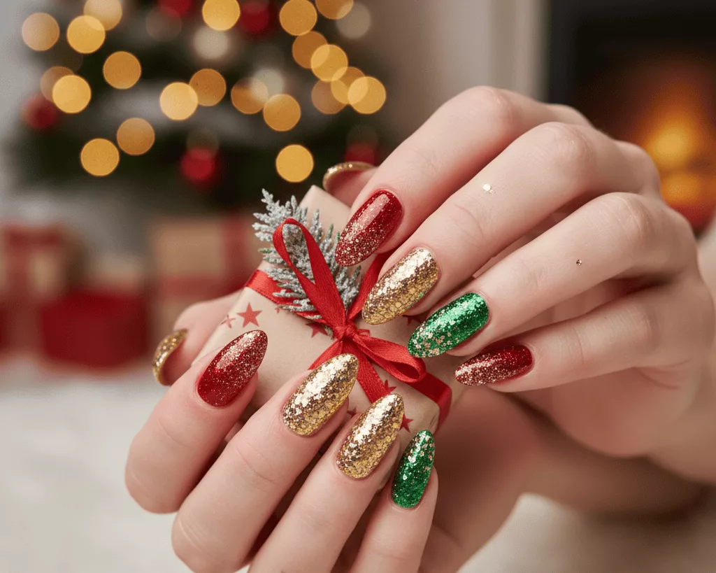 unhas com glitter para o natal
