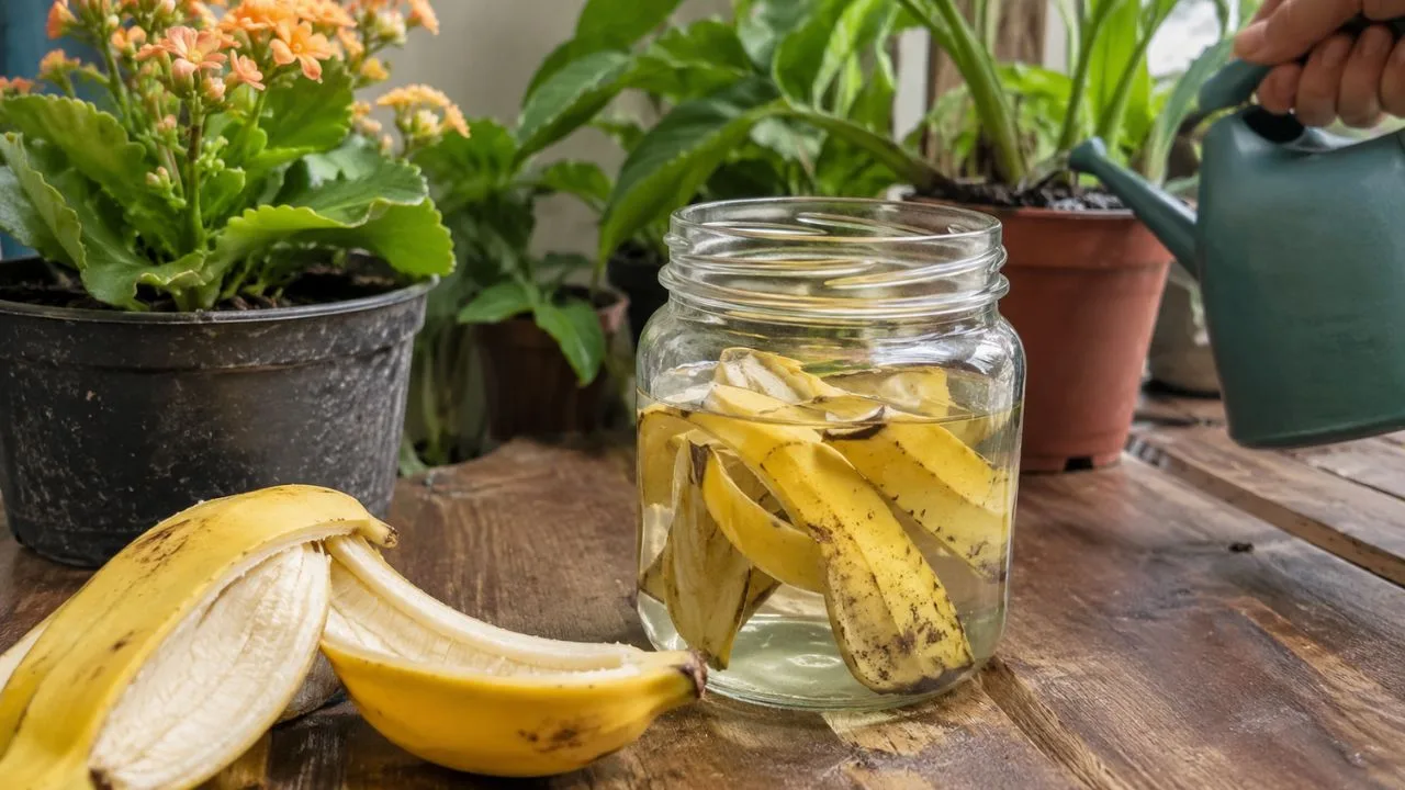 casca banana - Antes de jogar a casca de banana fora, coloque num pote com água: veja o que o truque faz pelas plantas