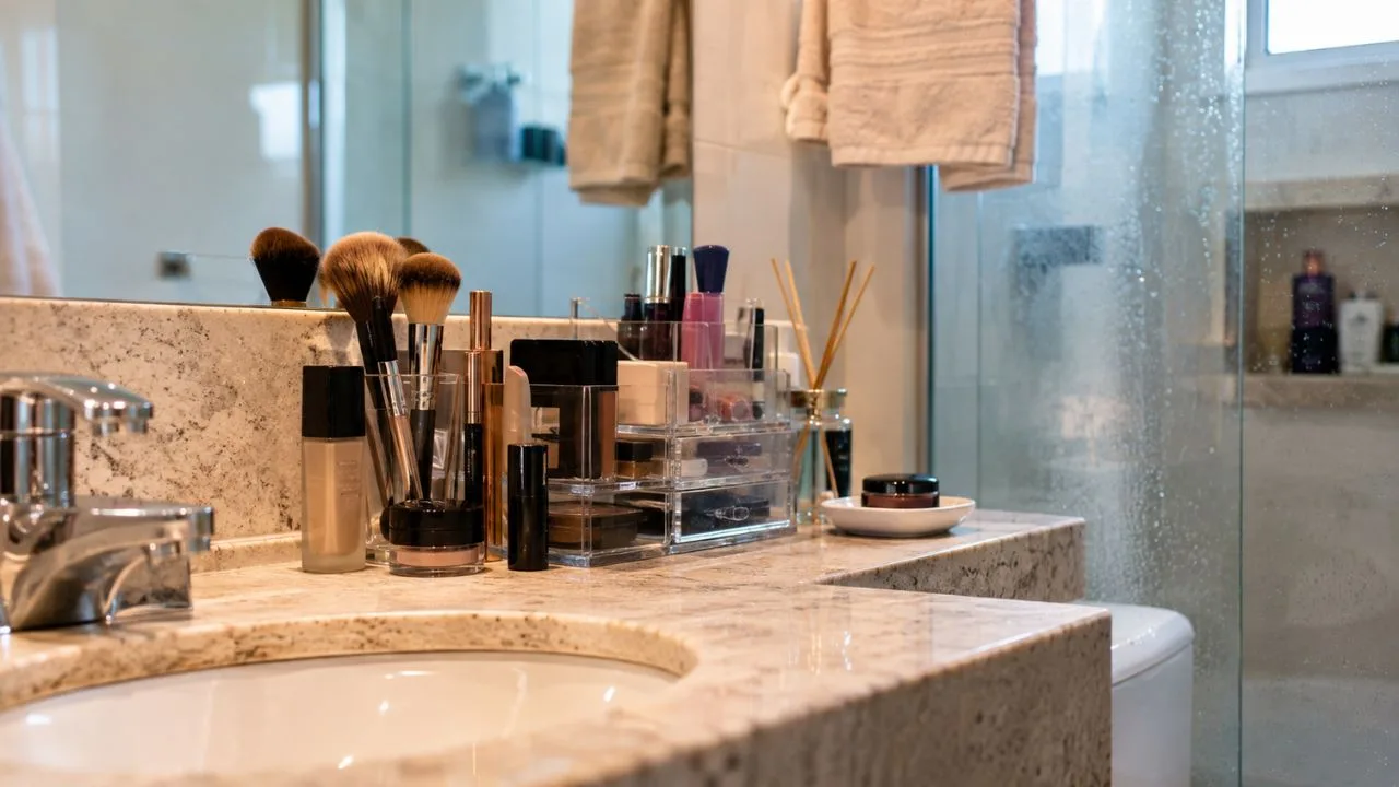 make banheiro - Guardar maquiagem no banheiro parece prático, mas o calor e a umidade do ambiente podem estragar produtos antes da validade