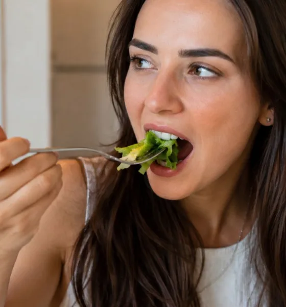 muher comendo - Você troca de lado ao mastigar ou sempre usa o mesmo? Veja por que esse hábito desgasta dentes e desequilibra o rosto
