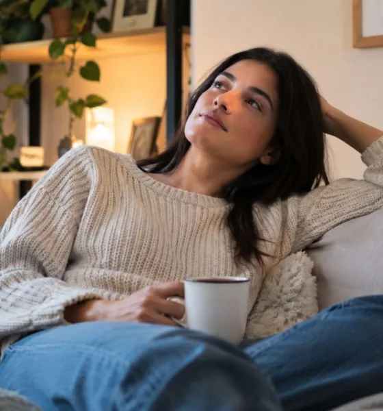 mulher sofa cha cafe pensando - Você sente culpa quando decide descansar? Entenda por que o lazer virou obrigação e o ócio pesa na consciência