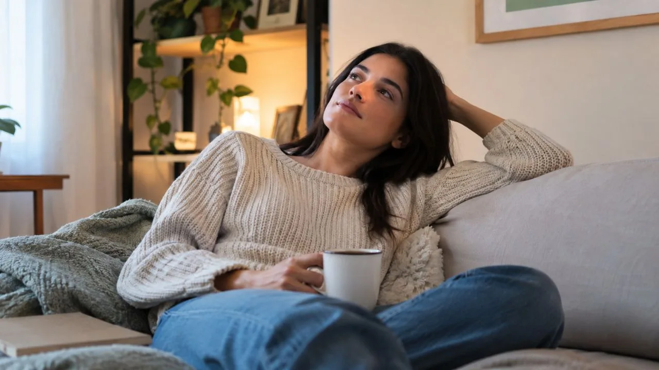 mulher sofa cha cafe pensando - Você sente culpa quando decide descansar? Entenda por que o lazer virou obrigação e o ócio pesa na consciência