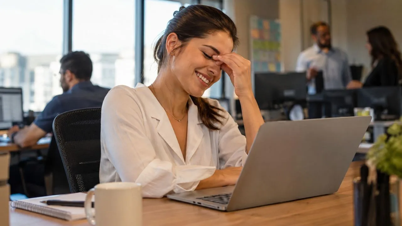 sorriso mulher trabalho - Fadiga de sorrir vira sintoma frequente em escritórios: veja por que sustentar simpatia constante drena a mente e esgota a energia