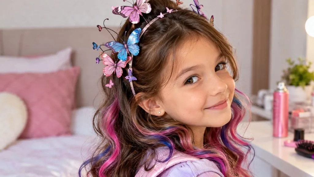Ideia de cabelo maluco de borboleta com tiara para meninas