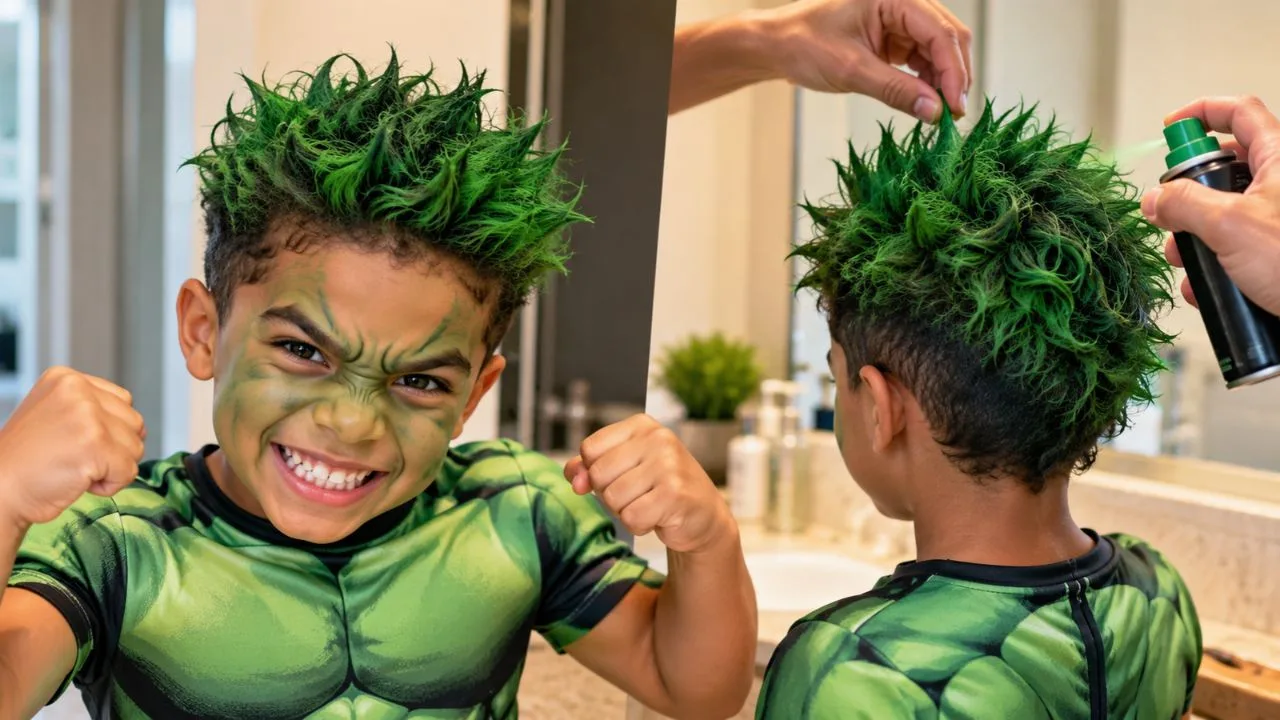 cabelo maluco hulk 4 - Cabelo maluco do Hulk: veja o passo a passo para deixar o cabelo verde e espetado sem estragar os fios do menino