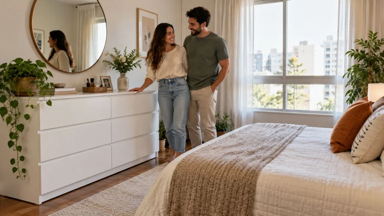 comoda branca - Casal troca móveis escuros por cômoda branca para quarto e descobrem como a peça amplia a sensação de espaço no ambiente
