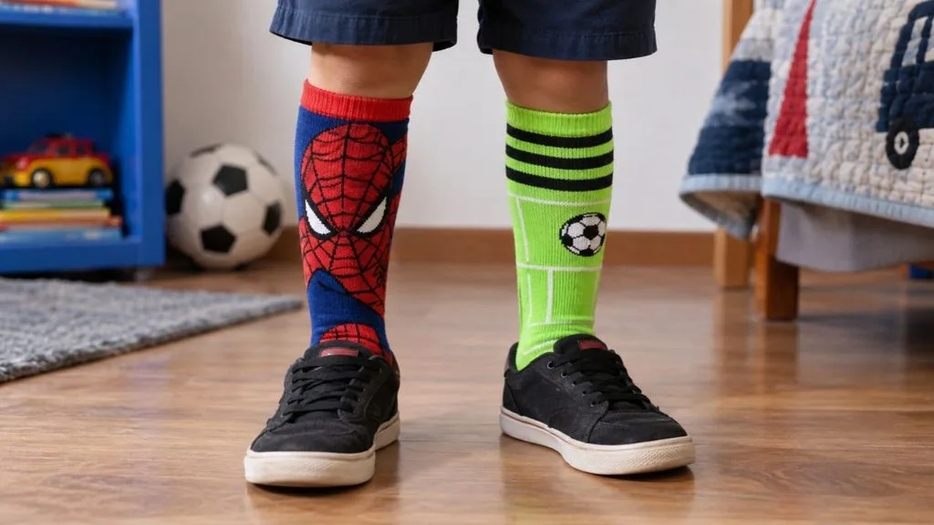 ideia de meia maluca para menino:  combinar homem aranha e futebol