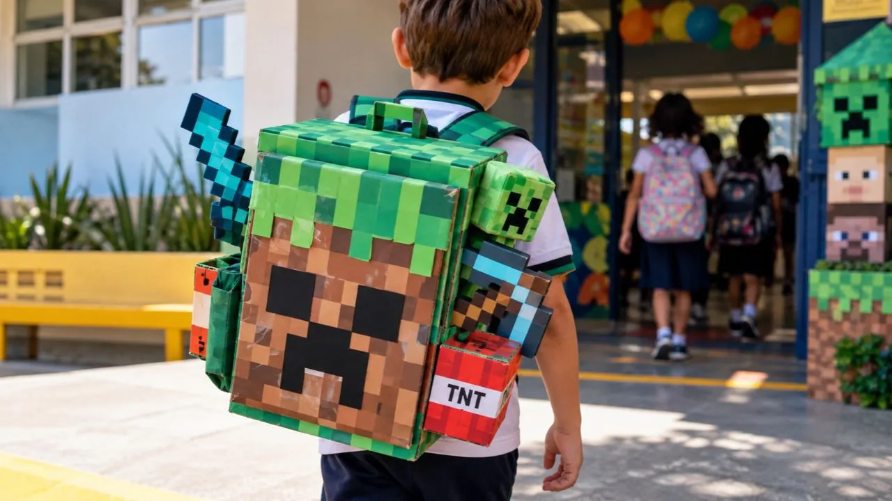 mochila maluca mine 1 - Mochila maluca com tema Minecraft é aposta certeira para a Semana da Criança nas escolas.