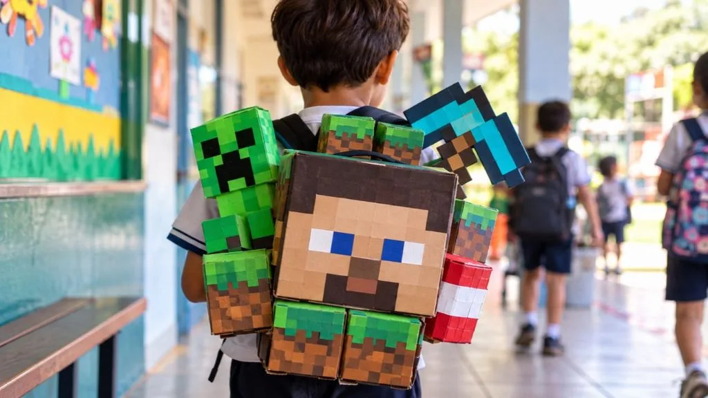 Ideia de mochila maluca Minecraft  para meninos feita com blocos