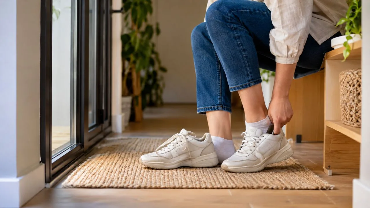 tirando sapato - Tirar os sapatos ao entrar em casa vira hábito entre famílias brasileiras: entenda o que muda na limpeza e na saúde do lar